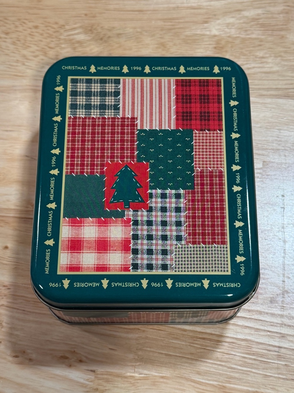 Green Christmas Patchwork Decorative Tin - Holiday Storage Box hallmark